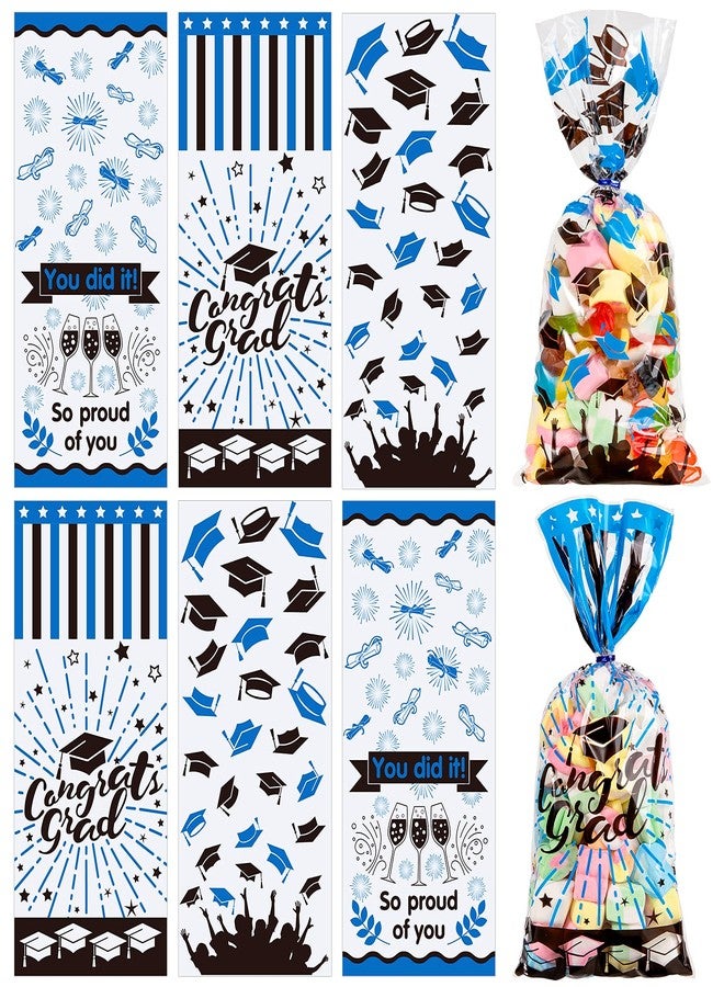 Whaline 150Pcs Graduation Cello Bag, 3 Style Candy Cellophane Bags with Blue Twist Tie, Congrats Grad Gifts Bags Party Favors Treat Bags for Graduation Party Table Setting (Blue Black) - Image 1